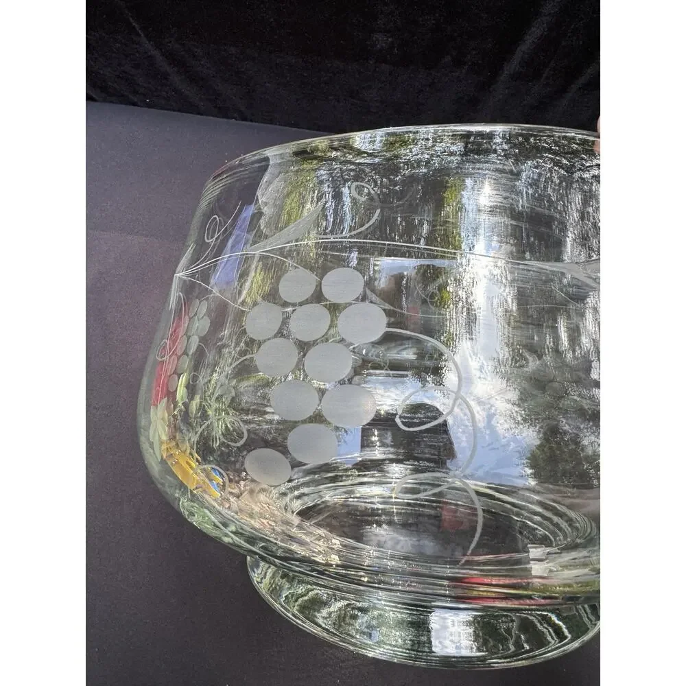1950’s Vintage Small 9.5” Punch Bowl Etched Grapes Clear Glass EUC -C13